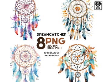 Magical Dreamcatcher Watercolor Clipart Set - High Quality Digital Art - Instant Download - 8 PNG Files 300 DPI