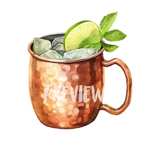 Aquarel Moskou muilezelcocktail clipart set: 8 hoogwaardige 300 DPI PNG's, afdrukbaar voor commercieel gebruik, digitale download