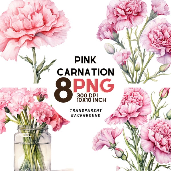 Watercolor Pink Carnation clipart set - Birth Flower January: 8 High-Quality 300 DPI PNGs, Botanical Print, Printable with Commercial Use
