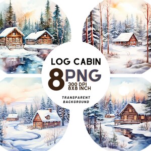 Watercolor Log Cabin Winter Landscape clipart set: 8 PNG 300 DPI- TRANSPARENT background, Digital Journal,  Commercial Use, Digital Download