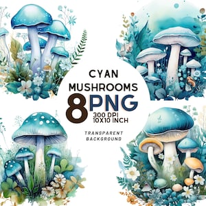Clipart stravaganti dei funghi ciano: 8 PNG di alta qualità, stampa botanica, diario digitale, uso commerciale, download digitale istantaneo