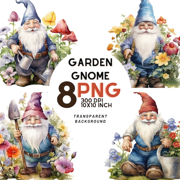 Garden Gnome watercolor Illustrations set: 8 High Quality 300 DPI - digital journal - Instant Digital Download