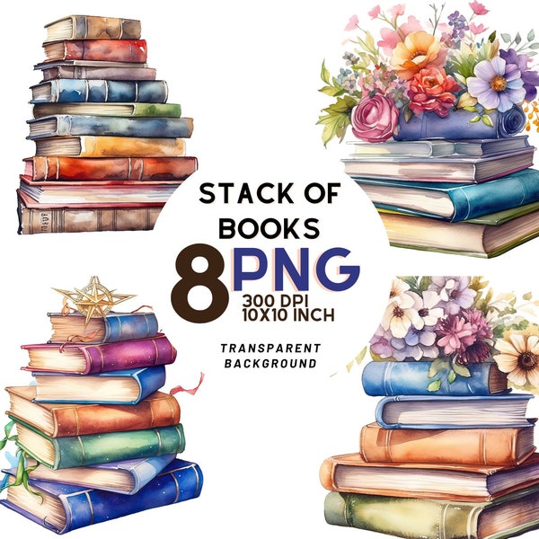 Stack of books Watercolor Clipart - 8 High-Quality PNGs for Digital Journaling, Printables, and Commercial Use, Instant Digital Download