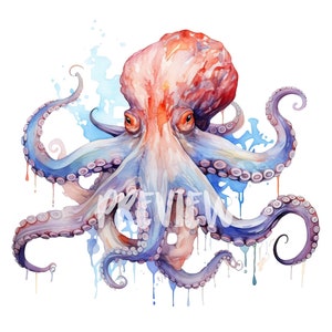 Octopus watercolor clipart: 8 Quality PNGs 300 DPI- Ideal for Scrapbooking, Digital Journal, Printable with Commercial Use, Digital download