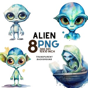 Watercolor Alien Clipart - 8 High-Resolution PNGs for Scrapbooking, Digital Journal, Printable - Commercial Use, Digital download