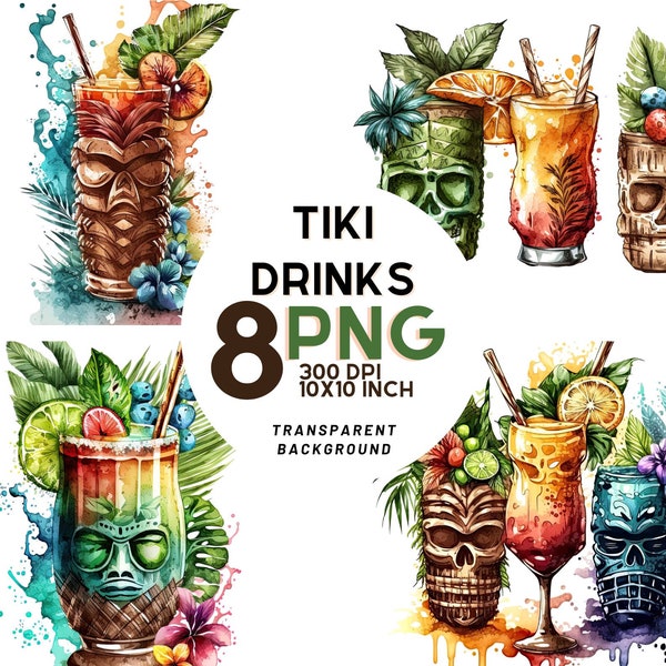 Watercolor Tiki Drinks Watercolor Clipart: 8 quality PNGs,  300 DPI, Digital Journal, Printable with Commercial Use, Digital download