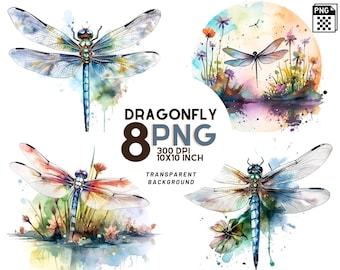 Dragonfly Watercolor Clipart Set - 8 High-Quality PNGs for Scrapbooking, Digital Journaling, Printable Decor - Instant Download
