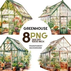 Conjunto de estufa em aquarela: 8 PNGs de alta qualidade de 300 DPI, diário digital, para impressão com uso comercial, download digital