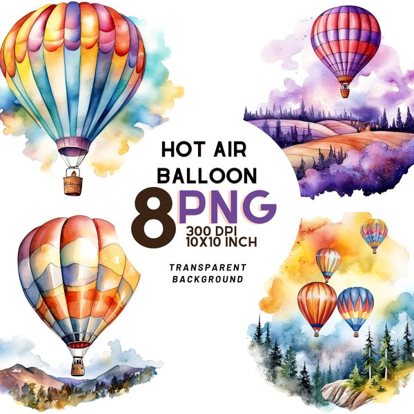 Hot Air Balloon Watercolor Clipart - 8 High-Quality PNGs for Digital Journaling, Printables, and Commercial Use, Instant Digital Download