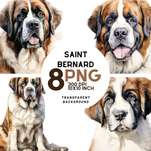 Watercolor Saint Bernard Dog Set: 300DPI PNGs for Scrapbooking, Digital Journals, Printables, and Commercial Use - Digital Download