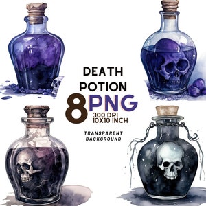 Death Potion Aquarell Illustrationen Set: 8 High Quality PNG 300 DPI - Halloween Clipart - Sofortiger digitaler Download