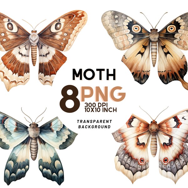 Mystical Moth watercolor Illustrations set: 8 High Quality PNG 300 DPI - Witch & Halloween clipart - Instant Digital Download