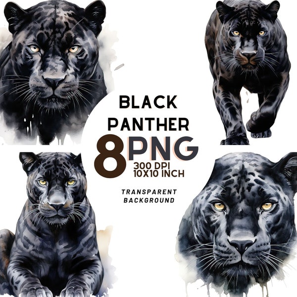 Watercolor Black Panther Clipart: 8 High-Quality PNGs 300DPI - Jungle South America - Commercial Use, Instant Digital Download