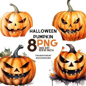 Aquarell Halloween gruselige Kürbis Clipart Set: 8 hochwertige 300 DPI PNGs - kommerzielle Nutzung - digitaler sofortiger Download