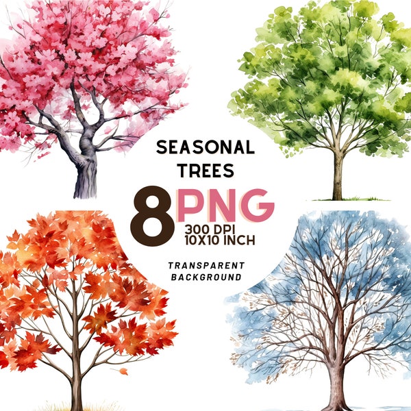 Watercolor Seasonal Trees set: 8 High-Quality 300 DPI PNG  - Botanical Print, Commercial Use, Digital Download