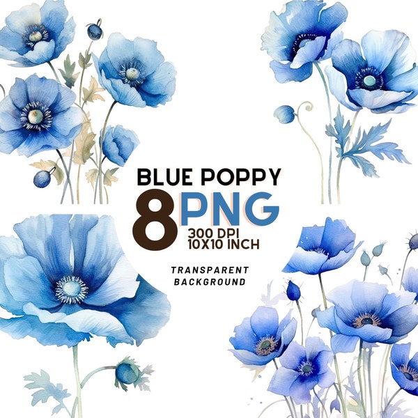 Beau pavot bleu aquarelle Clipart ensemble - 8 PNG de haute qualité pour Scrapbooking, journalisation numérique et usage Commercial