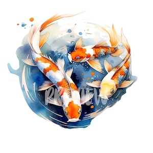 Koi Fish Watercolor set: 8 Quality PNGs 300 DPI- Ideal for Scrapbooking, Digital Journal, Printable with Commercial Use, Digital download