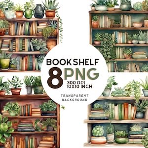 Watercolor Bookshelf clipart: 8 High-Quality 300 DPI PNGs, Digital Journal, Printable with Commercial Use, Digital Download