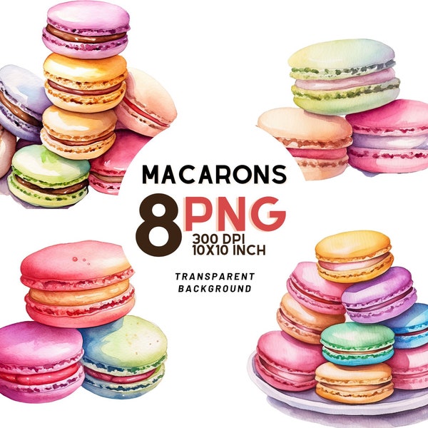 Ensemble de clipart macarons aquarelle : 8 PNG haute qualité 300 DPI, impression numérique, imprimable avec usage commercial, téléchargement numérique