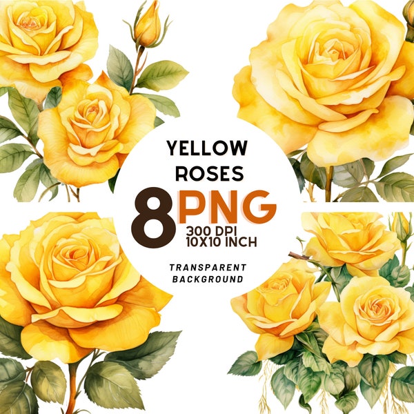 Watercolor Yellow Rose Clipart - 8 High-Resolution Quality PNGs for Scrapbooking, Digital Journaling, Printable Commercial Use, DIY Projects