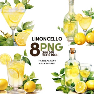 Aquarell Limoncello Clipart-Set: 8 hochwertige 300 dpi PNGs, druckbar mit kommerzieller Nutzung, digitaler Download - Rezepte und Cocktails