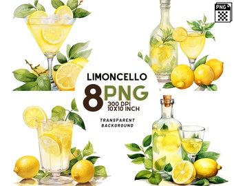 Watercolor Limoncello clipart set: 8 High-Quality 300 DPI PNGs, Printable with Commercial Use, Digital Download - Recipes and Cocktails