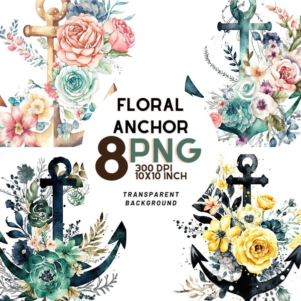 Floral Anchor Watercolor Clipart - 8 High-Quality PNGs for Digital Journaling, Printables, and Commercial Use, Instant Digital Download