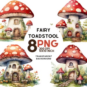 Ensemble d'aquarelles Fairy Toadstool House : 8 illustrations de haute qualité 300 DPI - Idéal pour le scrapbooking, un journal numérique - Téléchargement numérique