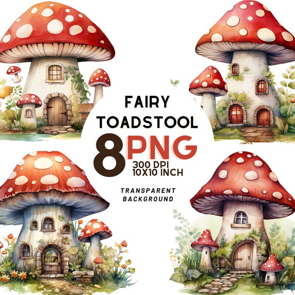 Fairy Toadstool House watercolor set: 8 High Quality 300 DPI Illustrations - Ideal for scrapbooking, digital journal - Digital Download