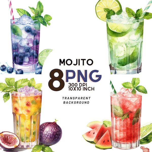 Watercolor Mojito clipart set: 8 High-Quality 300 DPI PNGs, Printable with Commercial Use, Digital Download - Recipes and Cocktails