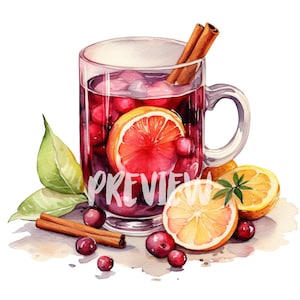 Set di clipart di Vin brulé ad acquerello: 8 PNG di alta qualità a 300 DPI, stampabili per uso commerciale, download digitale - Ricette e cocktail