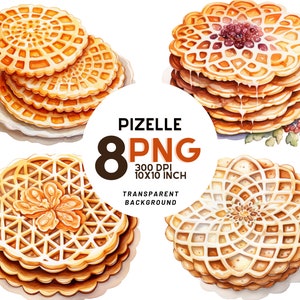 Aquarell Italienisch Pizzelle Clipart - 8 hochauflösende PNG für Scrapbooking, Rezeptbuch, druckbar mit kommerzieller Nutzung, digitaler Download