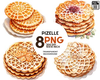 Watercolor Italian Pizzelle Clipart - 8 High-Resolution PNG for Scrapbooking, Recipe Book, Printable with Commercial Use, Digital download