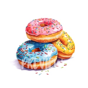 Watercolor Donuts Clipart: 8 quality JPGs,  300 DPI - Ideal for Digital Journal, Printable with Commercial Use, Digital download