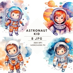 Clipart de bebê astronauta em aquarela - 8 JPG de alta resolução para scrapbooking, diário digital, para impressão com uso comercial, download digital