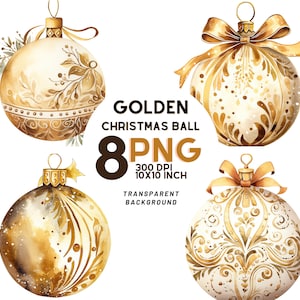 Watercolor Gold and White Christmas Ball clipart set: 8 High-Quality 300 DPI PNGs, Printable with Commercial Use, Digital Download