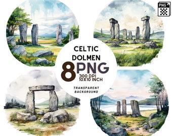 Watercolor Celtic Dolmen and Cromlech Landscape Frames set: 8 High-Quality 300 DPI PNGs - Printable with Commercial Use, Digital Download
