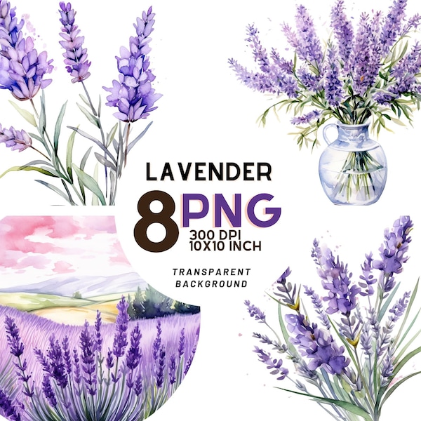 Watercolor Lavender Clipart Set: 8 High-Quality PNGs 300 DPI - Ideal for Scrapbooking, Digital Journaling, and Commercial Use