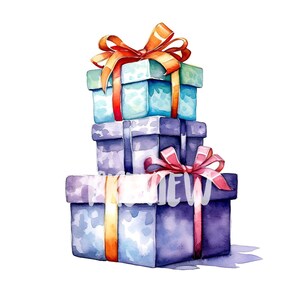 Watercolor Christmas Presents clipart set: 8 High-Quality 300 DPI PNGs, Botanical Print, Printable with Commercial Use, Digital Download