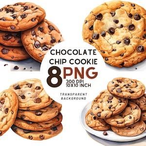 Watercolor chocolate chip cookie Clipart: 8 High-Quality PNGs for Digital Projects and Commercial Use