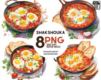 Watercolor Shakshouka Clipart: 8 quality PNGs, 300 DPI - Ideal for Digital Journal, Recipe Book, Commercial Use, Digital download