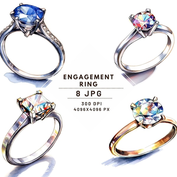 Watercolor Engagement Rings Clipart - 8 High-Quality JPGs 300 DPI - Ideal for Invitations, Scrapbooking, and Printables