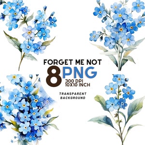 Ensemble de fleurs bleu myosotis aquarelle : 8 PNG 300 DPI de haute qualité, impression botanique, imprimable pour un usage commercial - téléchargement numérique