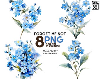 Watercolor Blue Forget me not flowers set: 8 High-Quality 300 DPI PNGs, Botanical Print, Printable with Commercial Use - Digital Download