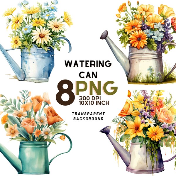 Watering can with flowers Clipart: 8 HIGH Quality PNGs for Botanical Prints, Digital Journaling, Scrapbooking, Digital download