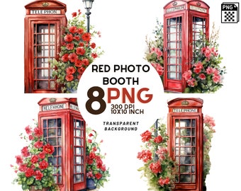 Watercolor British Red Phone Booth Landscape Frames set: 8 High-Quality 300 DPI PNGs - Printable with Commercial Use, Digital Download