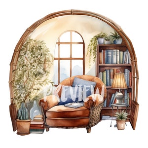 Watercolor Reading Nook clipart: 8 High-Quality 300 DPI PNGs, Digital Journal, Printable with Commercial Use, Digital Download