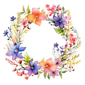 Ensemble de couronnes de fleurs sauvages aquarelles : 8 PNG 300 DPI de haute qualité, impression botanique, imprimable pour une utilisation commerciale, téléchargement numérique