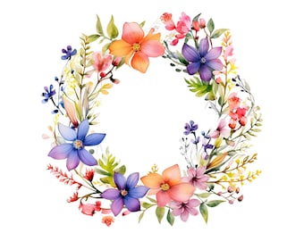 Watercolor Wildflowers wreath set: 8 High-Quality 300 DPI PNGs, Botanical Print, Printable with Commercial Use, Digital Download