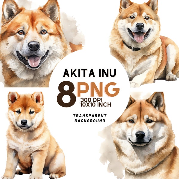 Akita Inu Watercolor Clipart: 8 Adorable PNGs for Scrapbooking, Stickers, Digital Journals and Printables - Instant Digital Download